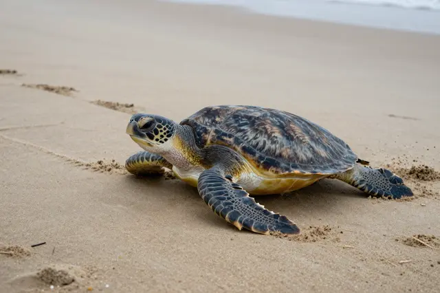A sea turtle crawls across a sandy beach leaving distinct flipper tracks behind it