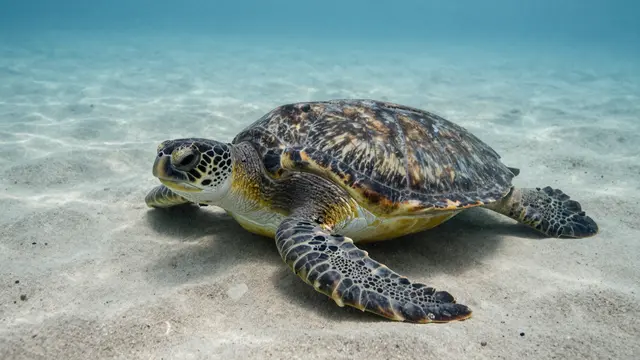 A sea turtle rests on a light sandy seabed under clear turquoise ocean water.