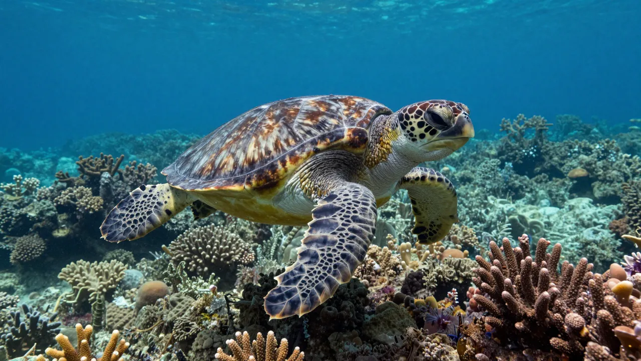 A sea turtle glides slowly above a vibrant colorful coral reef under clear blue ocean water.