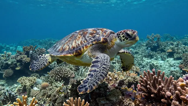 A sea turtle glides slowly above a vibrant colorful coral reef under clear blue ocean water.