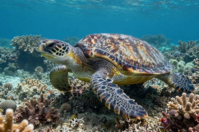A hawksbill sea turtle swims slowly over a vibrant tropical coral reef under clear blue ocean water.