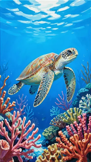 Acrylic painting of a sea turtle gliding above a vibrant coral reef in bright blue ocean water