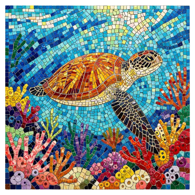 Colorful glass tile mosaic showing a sea turtle swimming over a vibrant coral reef