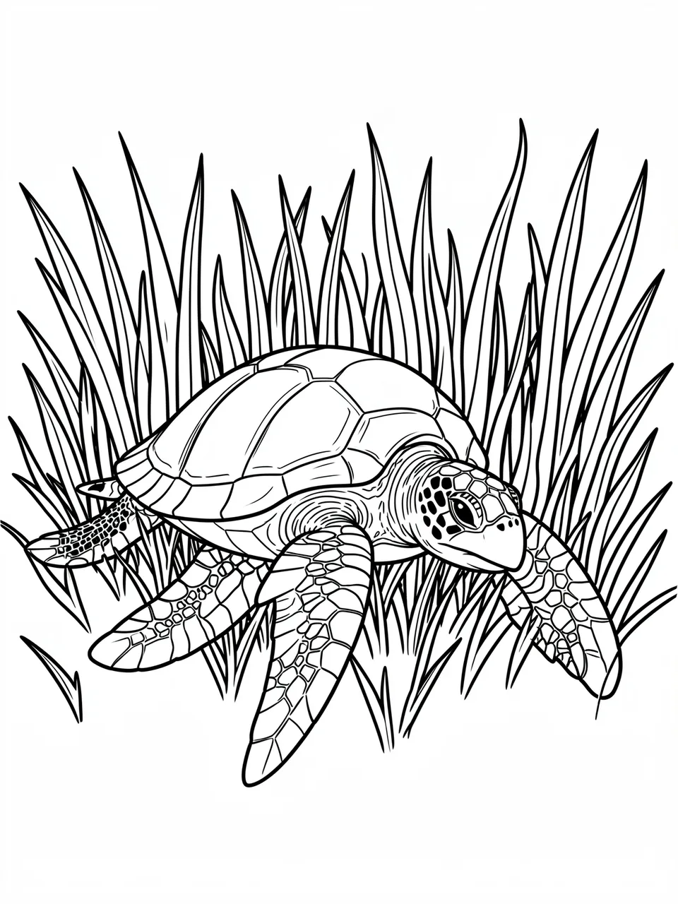 Black and white bold line art of a sea turtle resting on a bed of seagrass on a plain white background