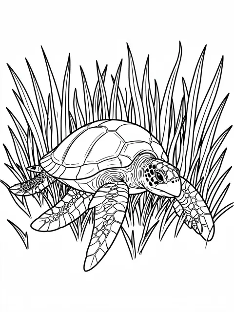 Black and white bold line art of a sea turtle resting on a bed of seagrass on a plain white background