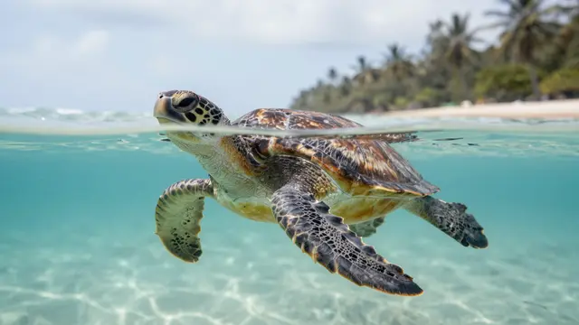 A green sea turtle swims just below the water surface near a tropical sandy beach