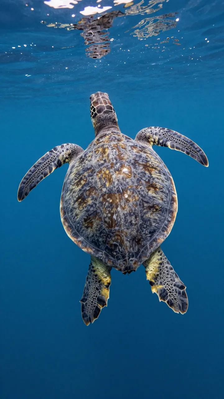A sea turtle swims upward through deep blue ocean water toward the bright sunlit surface.