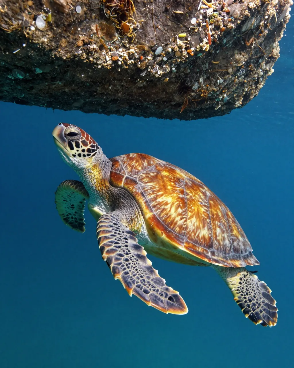 A sea turtle swims through clear blue water beneath an encrusted rocky overhang
