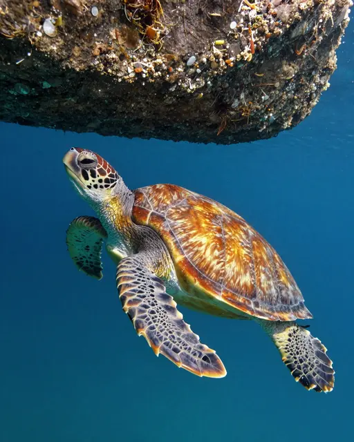 A sea turtle swims through clear blue water beneath an encrusted rocky overhang