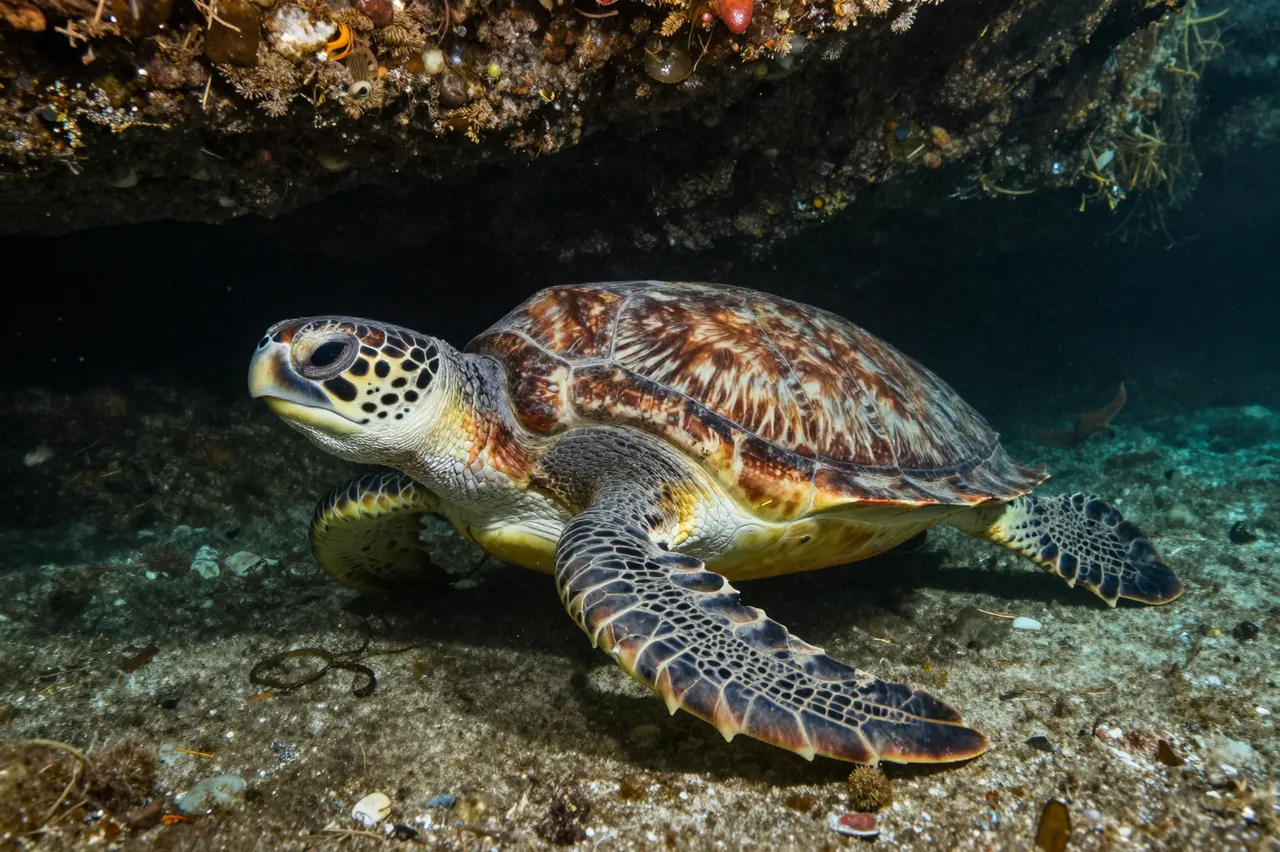 A mottled brown sea turtle rests on the seabed beneath an overhanging rocky ledge underwater