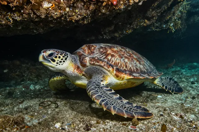 A mottled brown sea turtle rests on the seabed beneath an overhanging rocky ledge underwater
