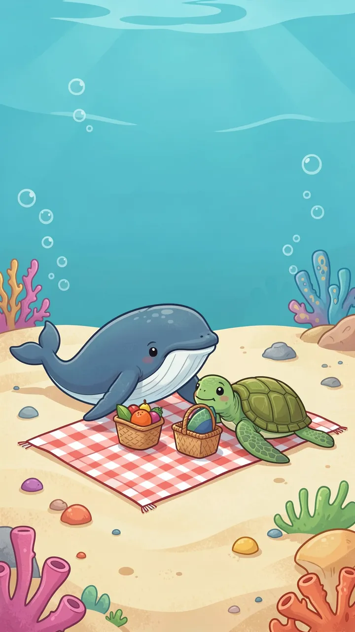 Cute cartoon whale and sea turtle share a picnic on a checkered blanket on the sandy underwater seafloor