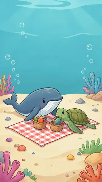 Cute cartoon whale and sea turtle share a picnic on a checkered blanket on the sandy underwater seafloor