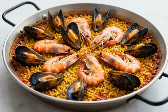 A metallic paella pan filled with noodle seafood paella, topped with arranged cooked shrimp and mussels.