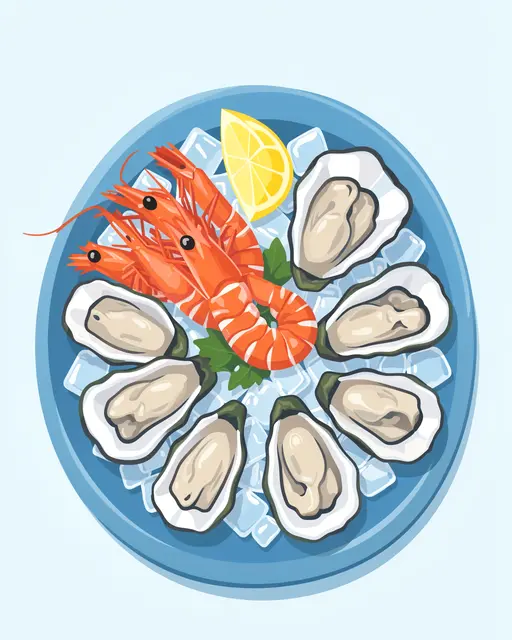 Top view flat vector illustration of a blue plate holding oysters, shrimp, a lemon wedge, and garnish set atop ice cubes