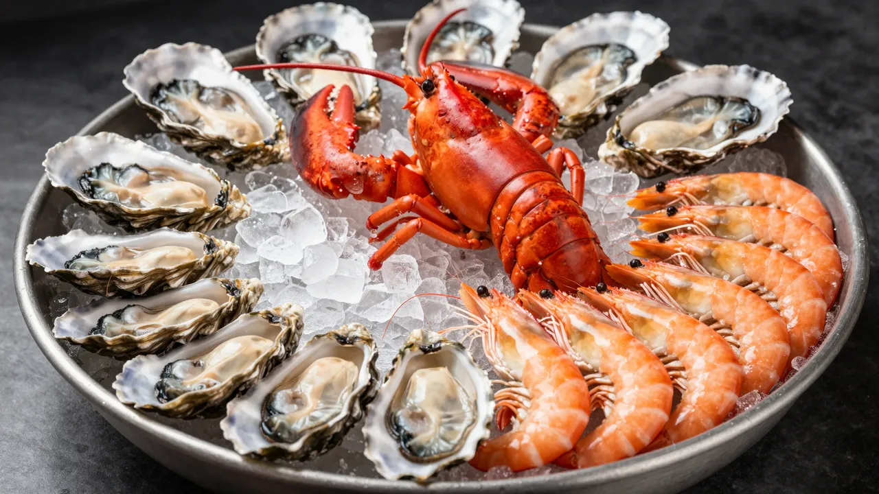 A metal platter of crushed ice holds a cooked lobster, row of prawns, and arranged oysters on a dark stone surface.