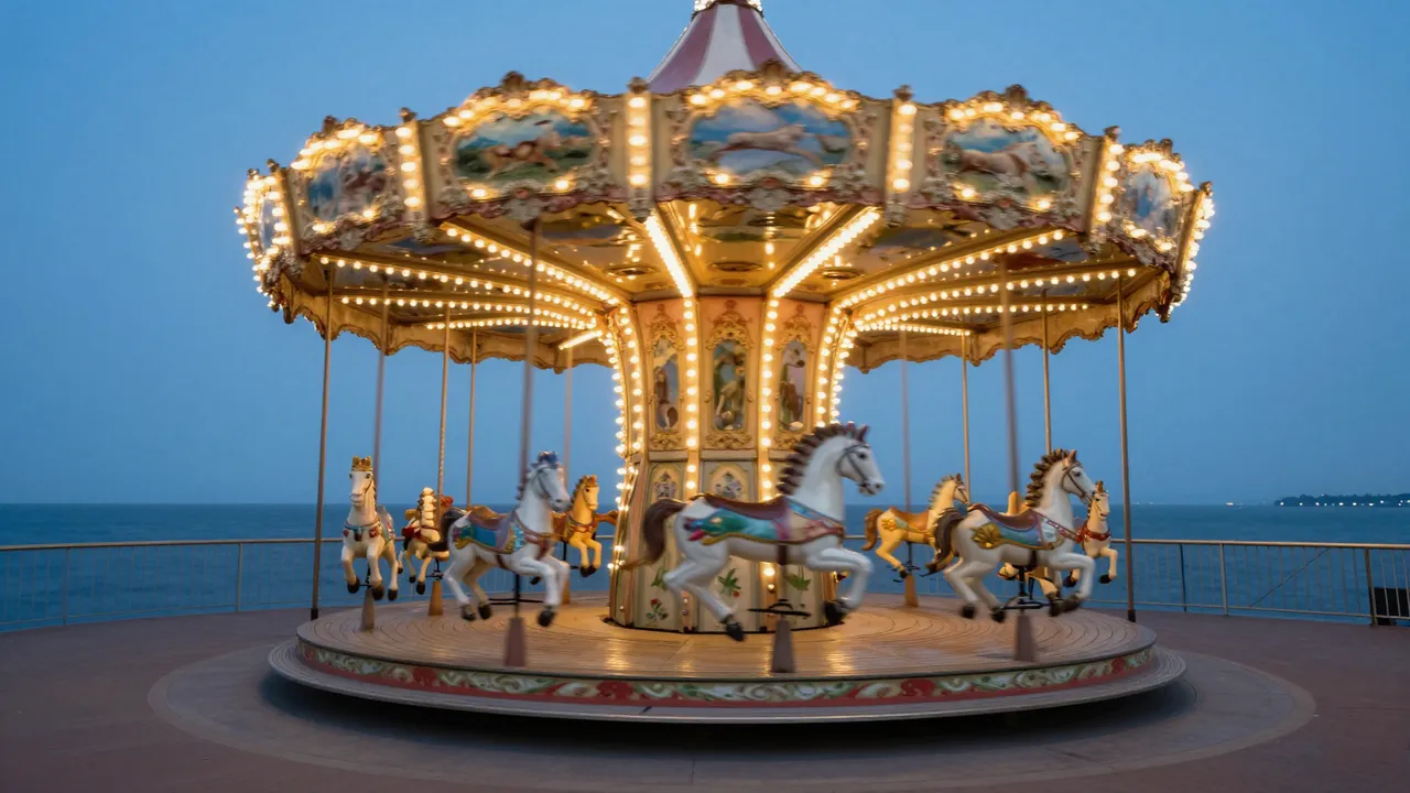 An empty illuminated carousel sits on a seaside promenade during calm blue hour twilight