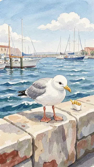 A gouache painting of a seagull standing on a harbor wall next to a paper carton of fries, with sailboats in the background.