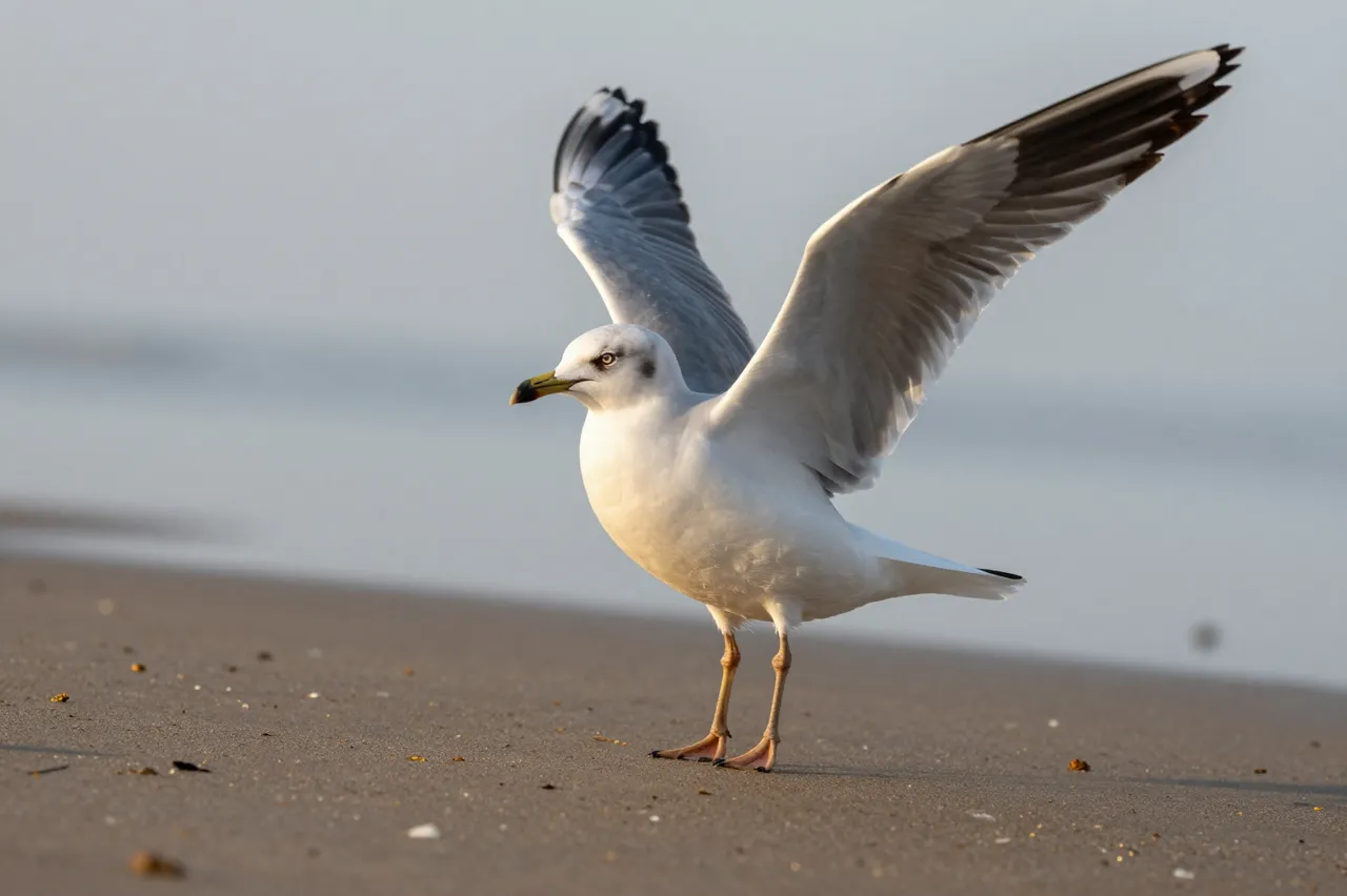 A seagull stands on a sandy beach with its wings partially spread beside calm hazy water