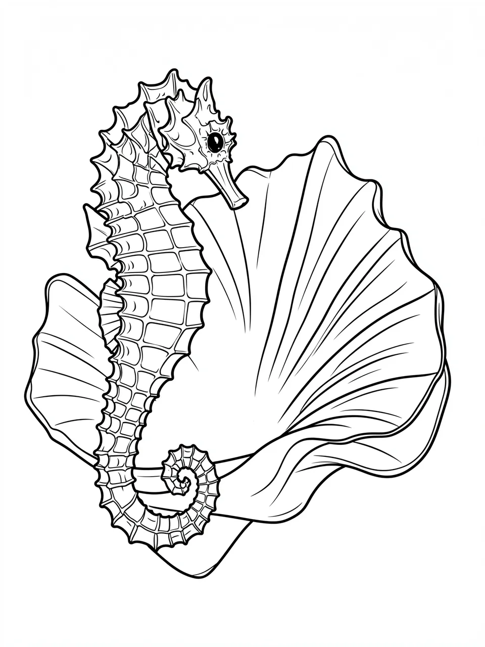 Black and white line art of a seahorse next to an open giant clam shell on a white background