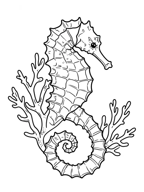 Black and white line art of a seahorse curled around coral branches on a plain white background