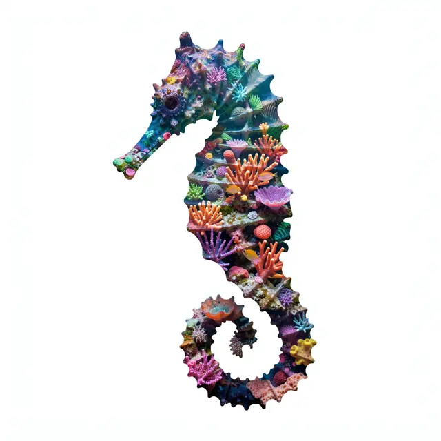 Double exposure artwork of a seahorse silhouette filled with vibrant coral reef details on a plain white background