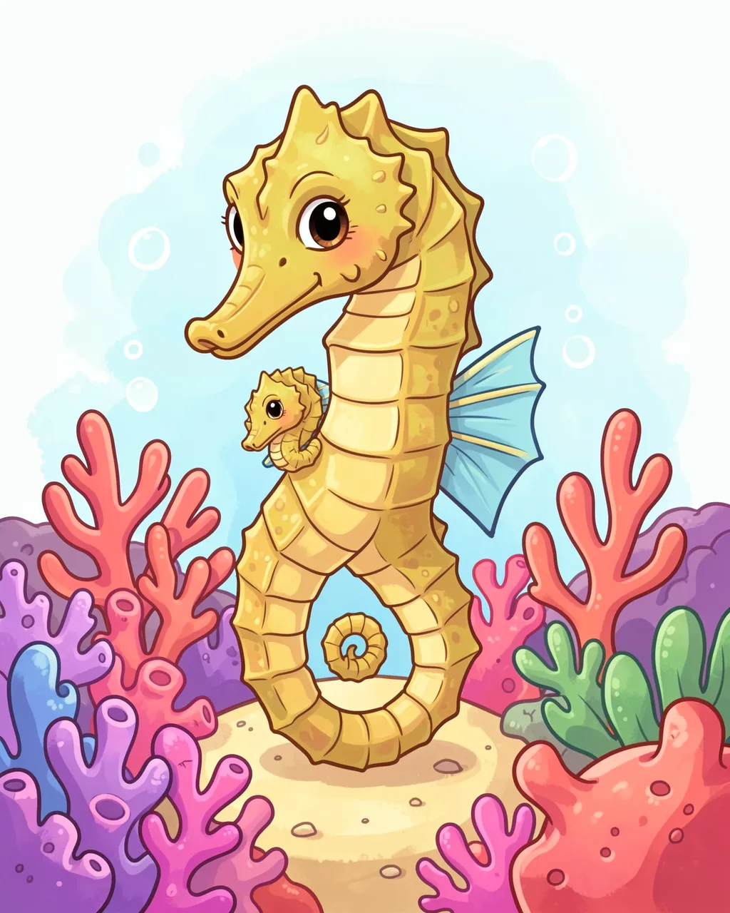 Cute cartoon illustration of a father seahorse carrying a small baby seahorse among colorful coral on a sandy seabed