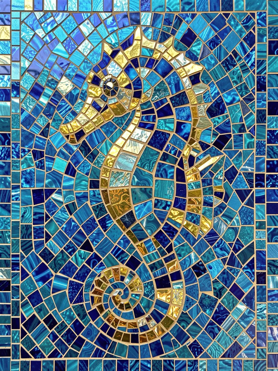 A shimmering seahorse mosaic constructed from blue and gold decorative glass tiles
