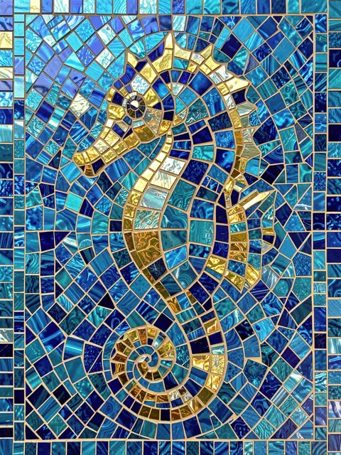A shimmering seahorse mosaic constructed from blue and gold decorative glass tiles