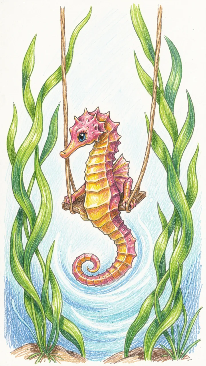 Colored pencil drawing of a cute pink and yellow seahorse sitting on a wooden swing among swaying green kelp underwater