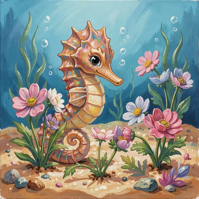 A cute gouache seahorse sits among blooming flowers on a sandy underwater seafloor