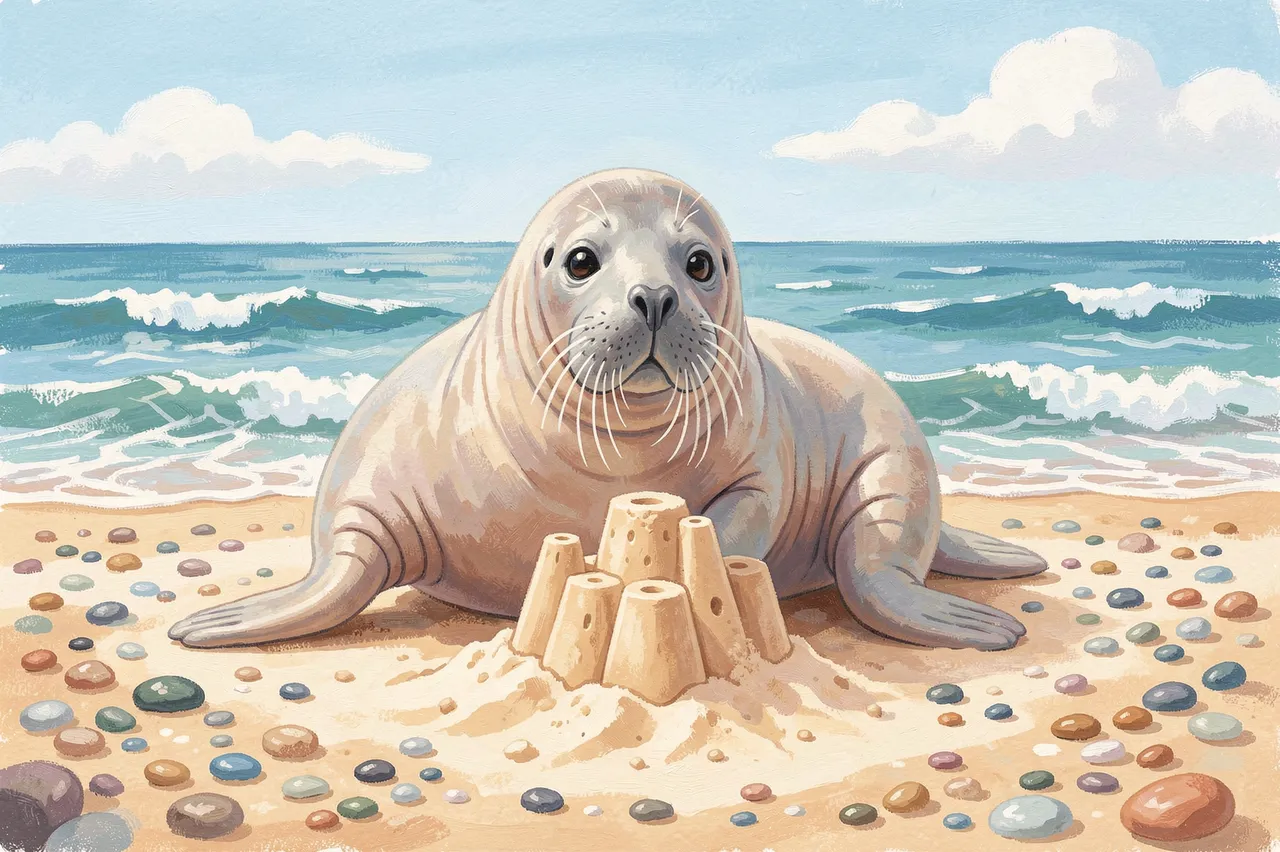 A cute seal rests beside a small sandcastle on a pebbly sunny seaside beach