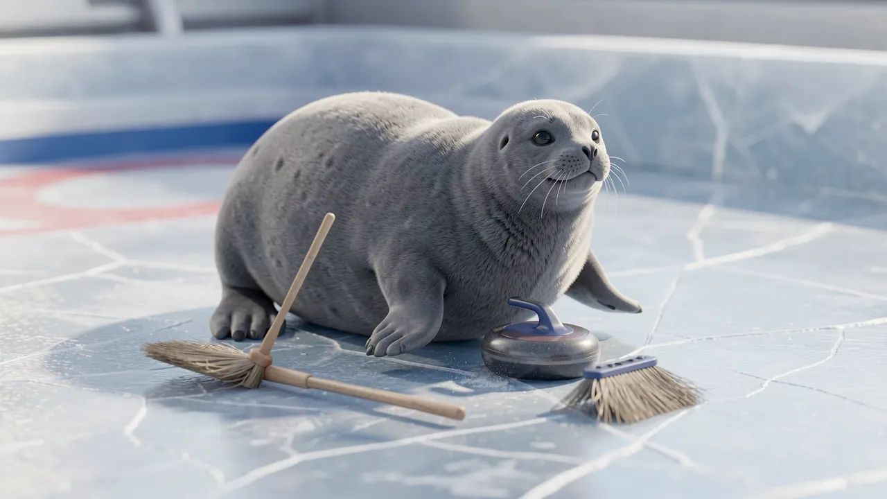 Chubby gray seal sits next to a curling stone and small brooms on a textured icy curling rink