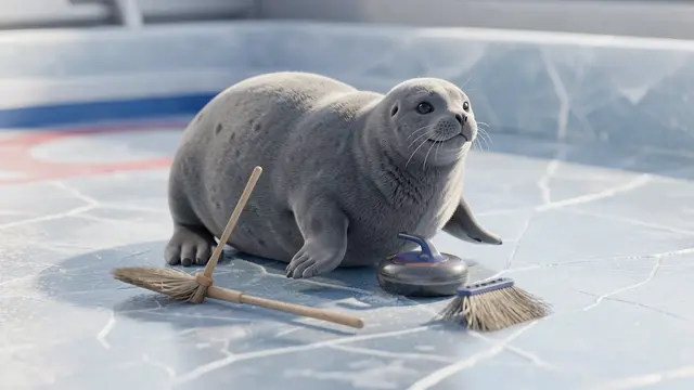 Chubby gray seal sits next to a curling stone and small brooms on a textured icy curling rink