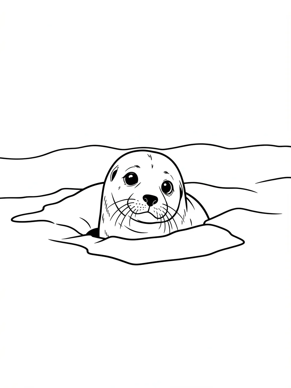 Black and white line art of a seal pup peeking out from an ice hole on a plain white background