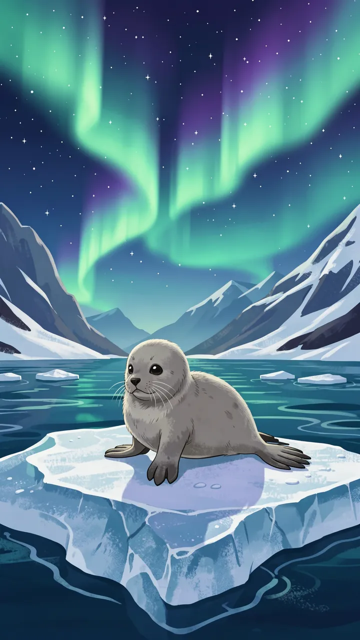 A fluffy gray seal pup rests on an ice floe beneath swirling green and purple northern lights over arctic mountains.