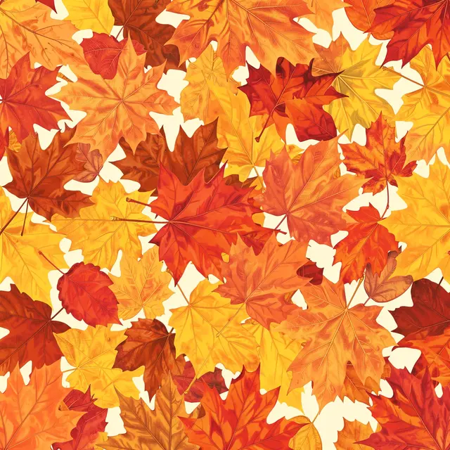 A repeating seamless pattern of warm colored autumn maple leaves on a pale cream background
