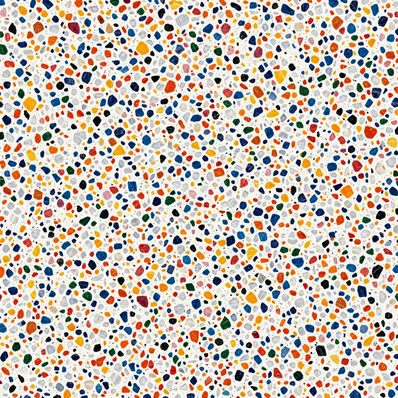 A seamless terrazzo texture with scattered multicolored aggregate chips set in a pale white base