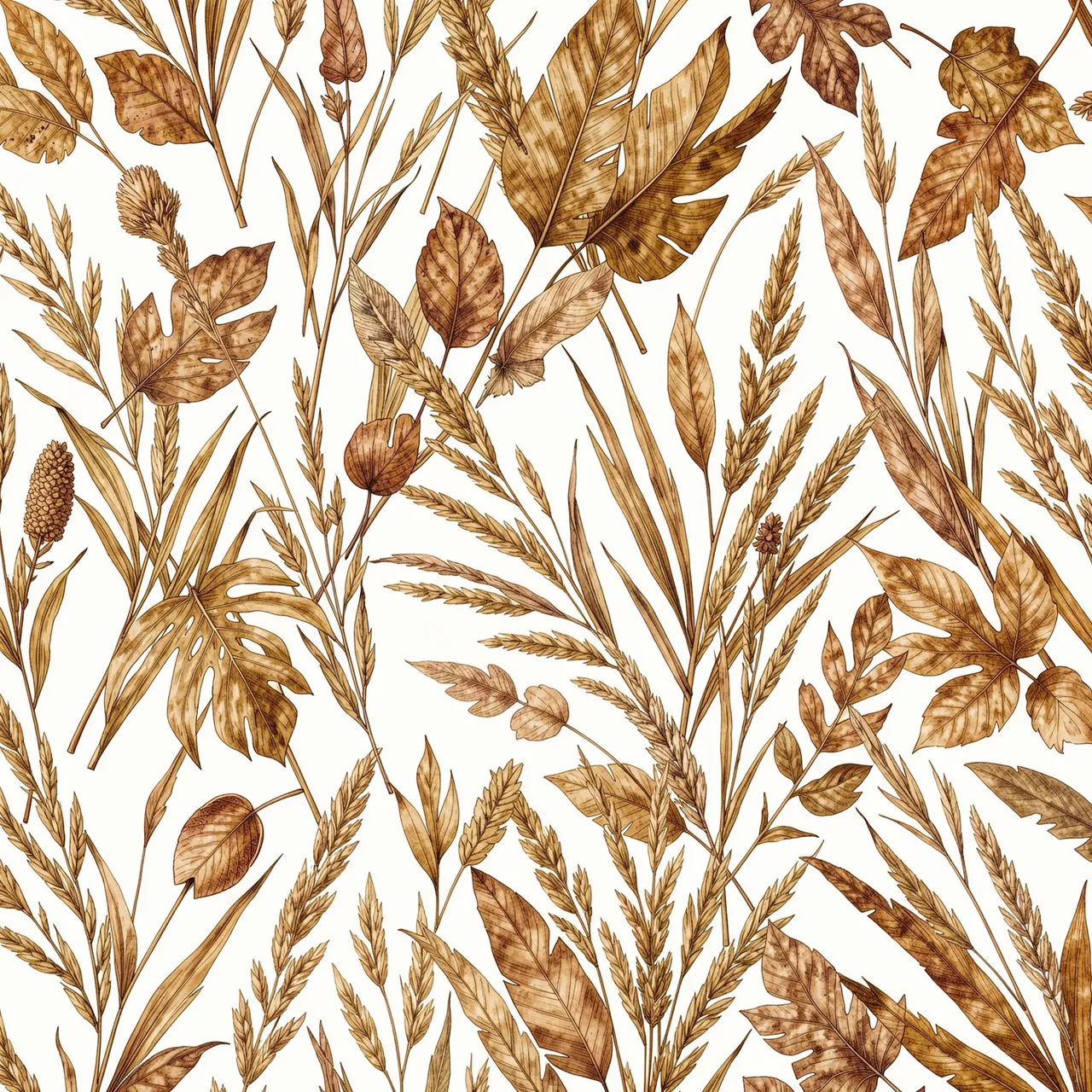 Watercolor style seamless pattern of dried leaves and grasses on a pale off-white background