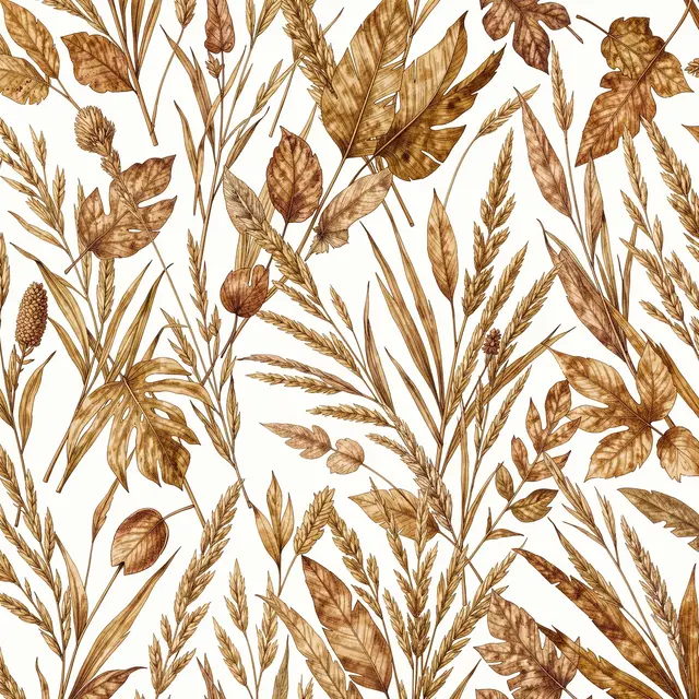Watercolor style seamless pattern of dried leaves and grasses on a pale off-white background