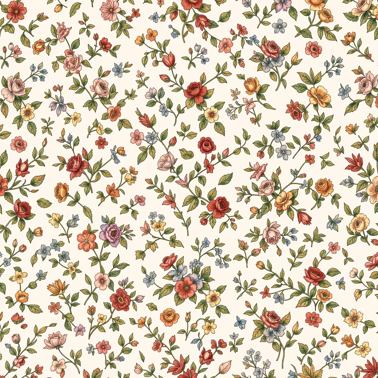 A repeating vintage floral pattern with small multicolor flowers and green leaves on an off-white base.