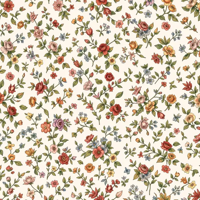 A repeating vintage floral pattern with small multicolor flowers and green leaves on an off-white base.