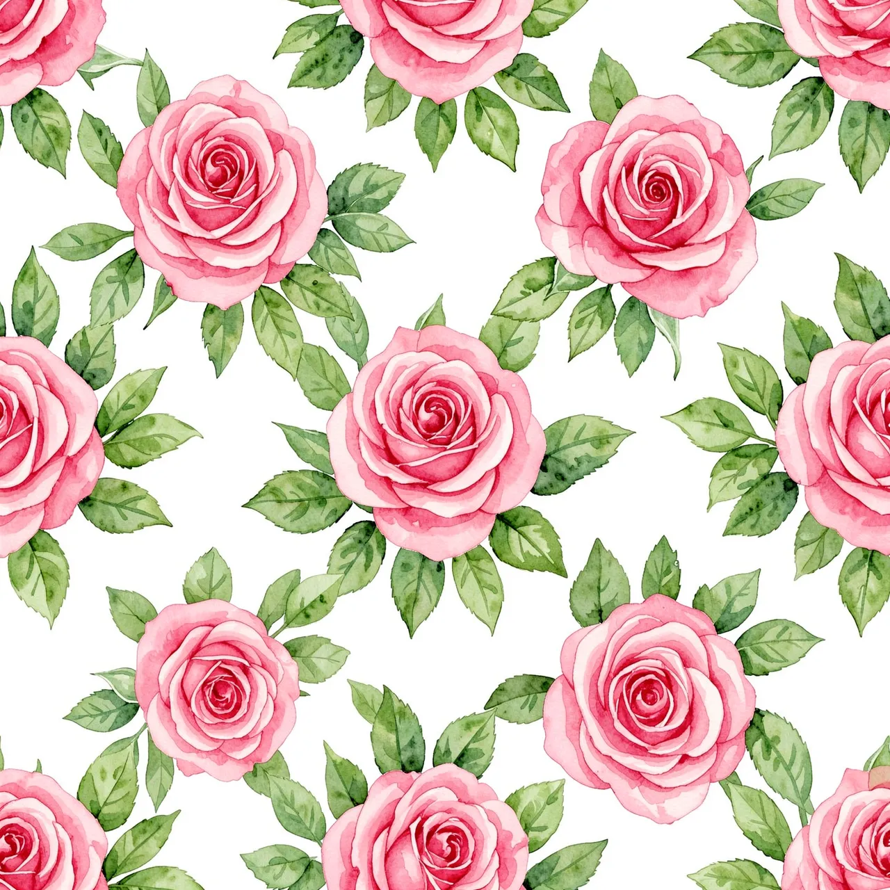 Repeating watercolor pattern of soft pink roses and green leaves on a white background