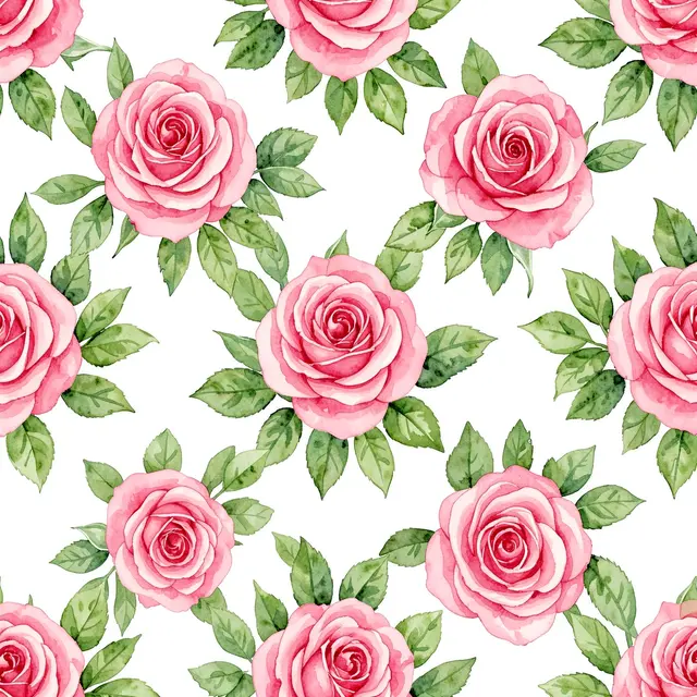 Repeating watercolor pattern of soft pink roses and green leaves on a white background