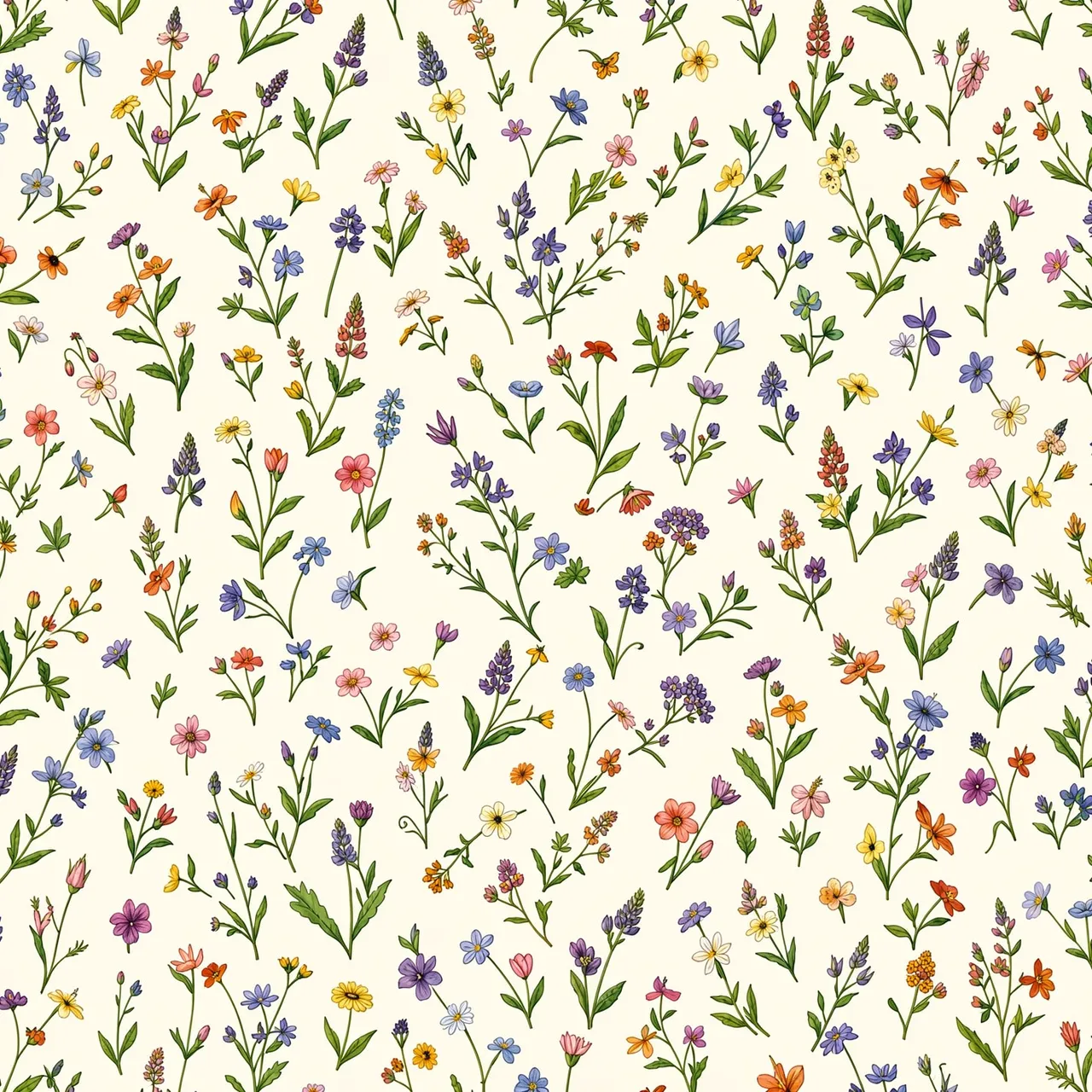 Repeating illustrated small colorful wildflowers scattered across a soft cream background