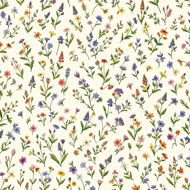 Repeating illustrated small colorful wildflowers scattered across a soft cream background