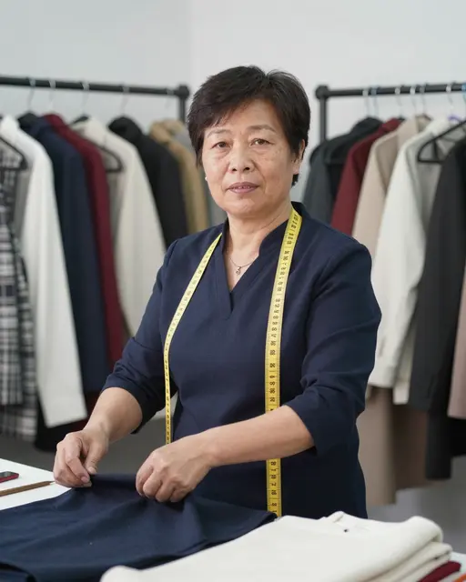 East Asian seamstress with a measuring tape around her neck works at a table in a clothing alterations studio with garment
