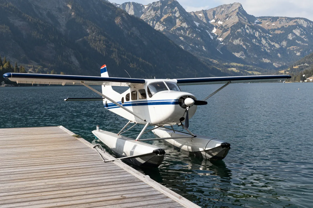 A white and blue seaplane is moored to a wooden dock on a calm alpine lake backed by rocky mountains.