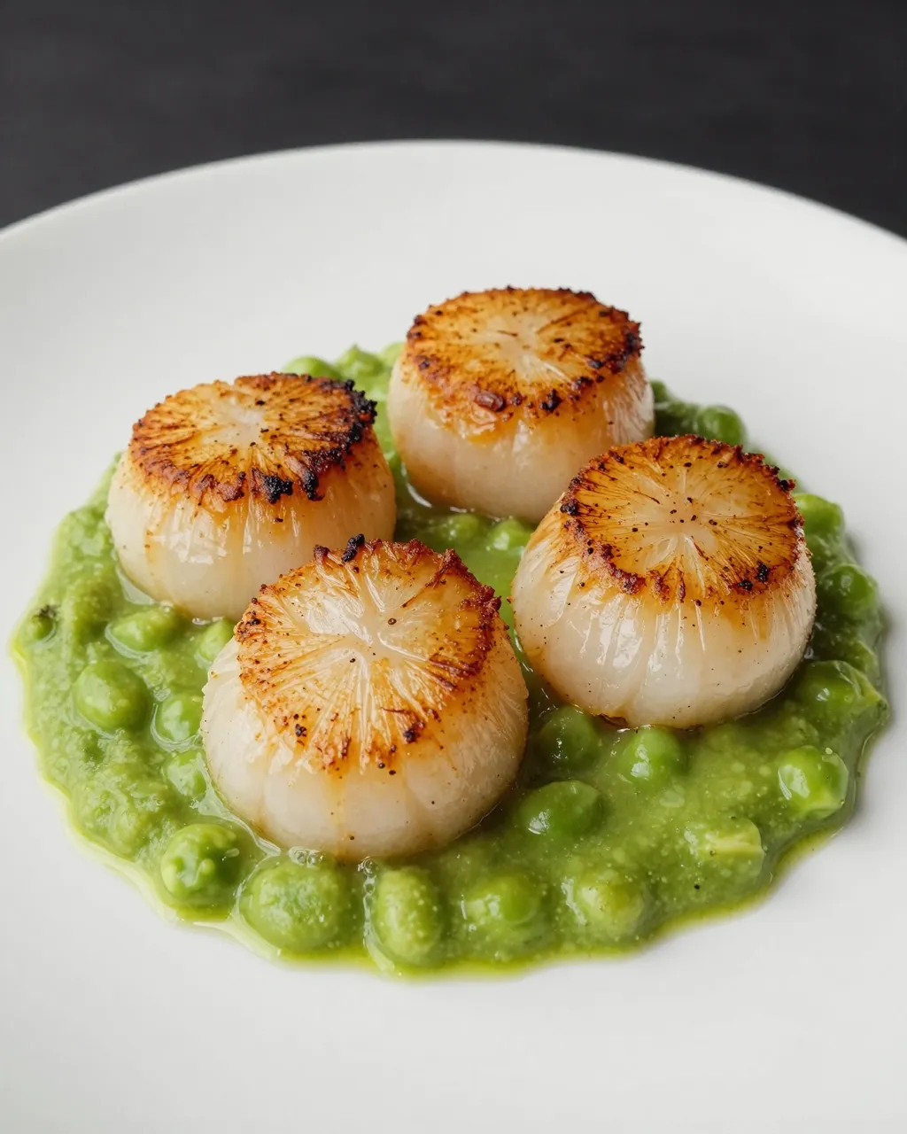 Four golden seared scallops arranged atop vibrant green pea puree on a white plate