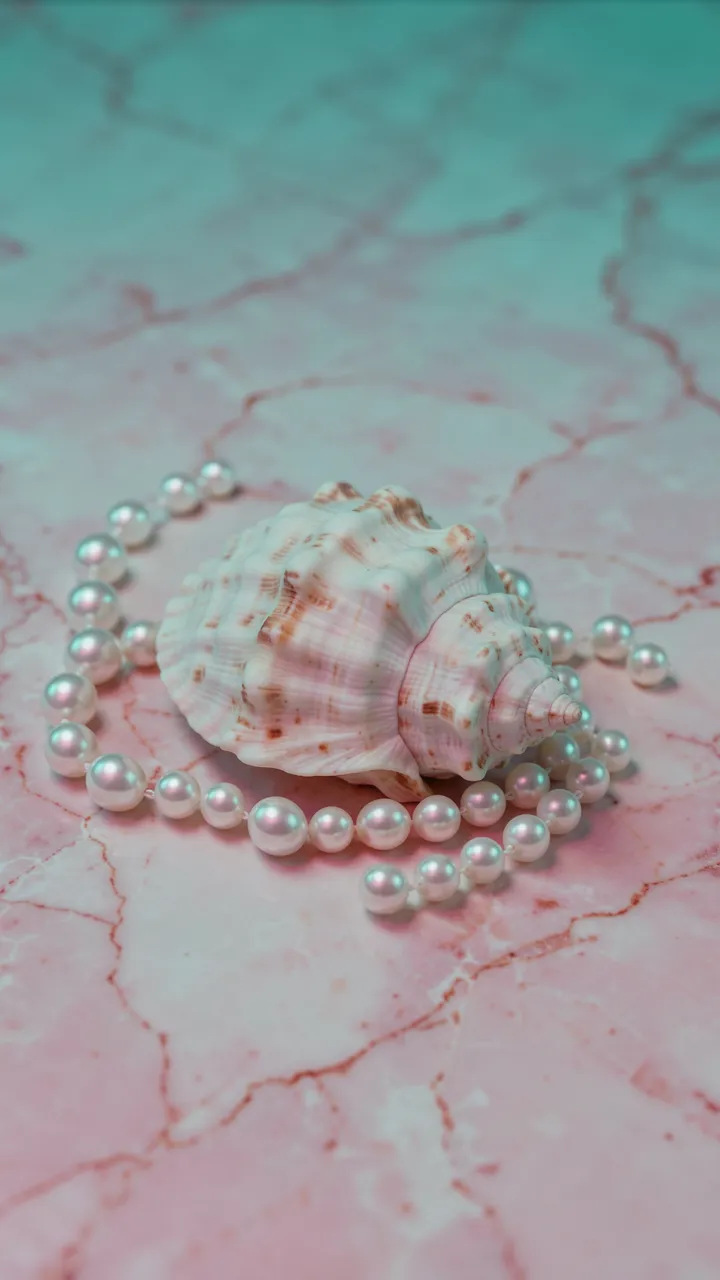 A spiral seashell rests surrounded by a pearl strand on pink veined marble under soft teal lighting